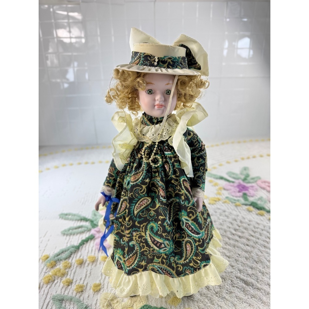 Vintage Porcelain Doll Victorian Style Paisley Dress Green Eyes Blonde Hair 15" - Picture 1 of 6